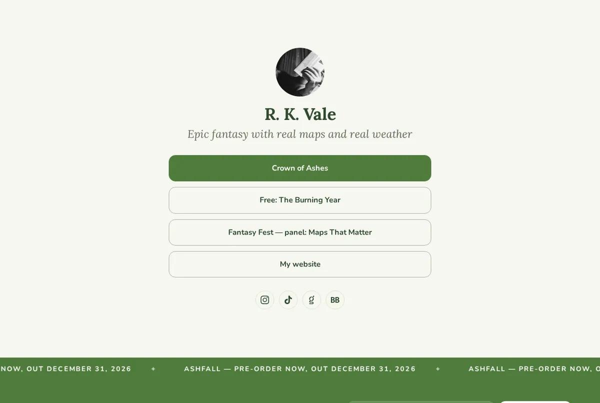 A “Link in bio” landing page as AuthorSend builds it, shown for a sample author