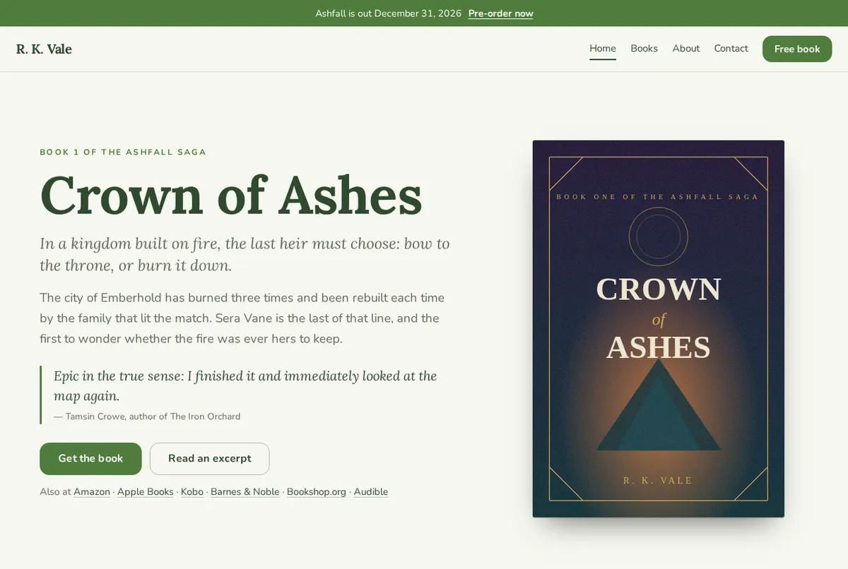 The Meadow website design, shown as a finished home page for a sample author