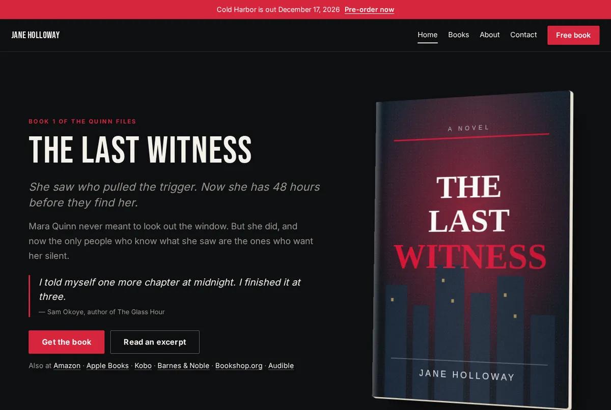 The Nocturne website design, shown as a finished home page for a sample author