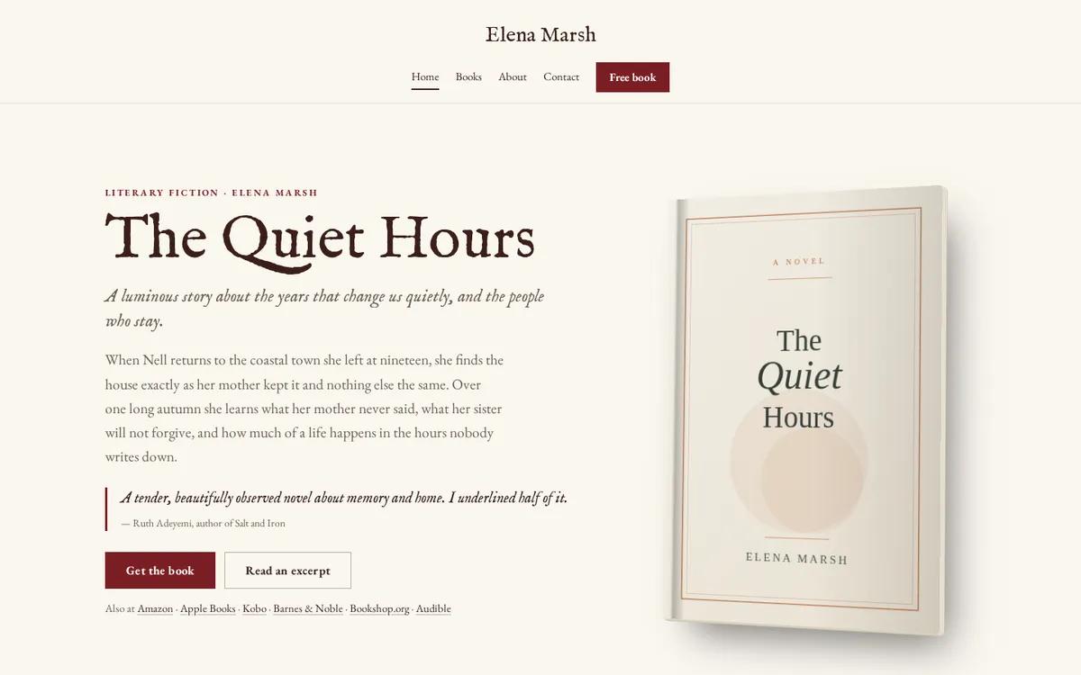 An author website in cream and deep red with an old-style serif title and a novel’s cover