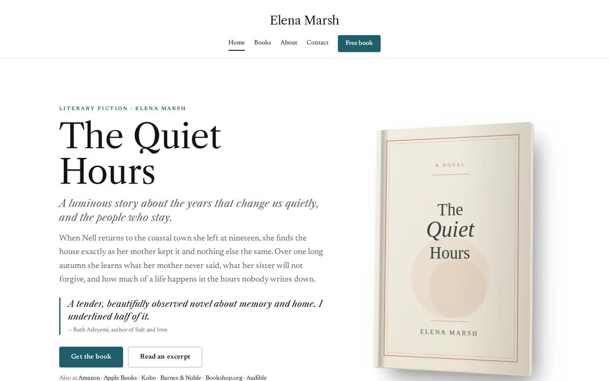 A quiet light author website with generous white space and a literary cover