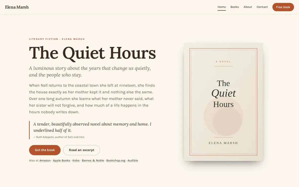 A warm cream author website with rounded rust-colored buttons and a novel’s cover beside its blurb