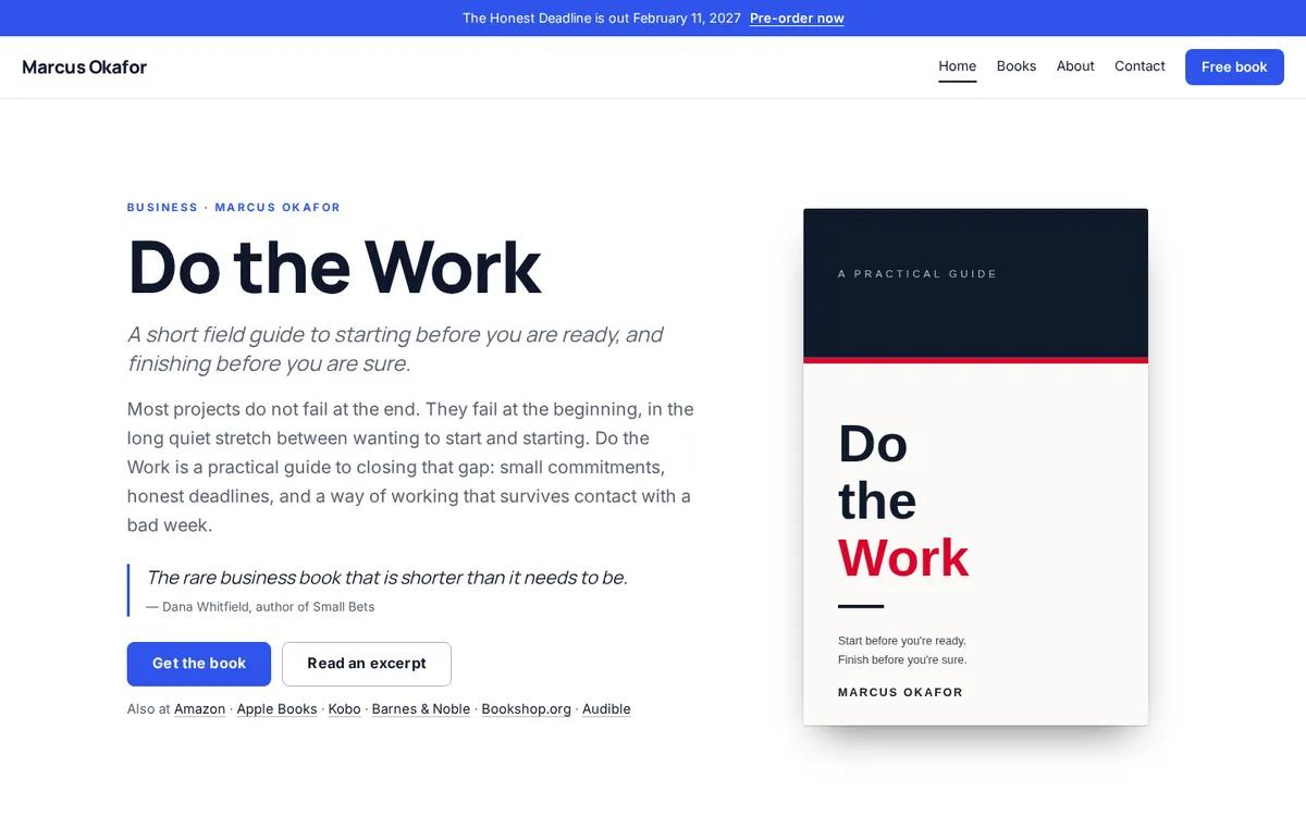A crisp white author website with a strong blue accent and a business book cover
