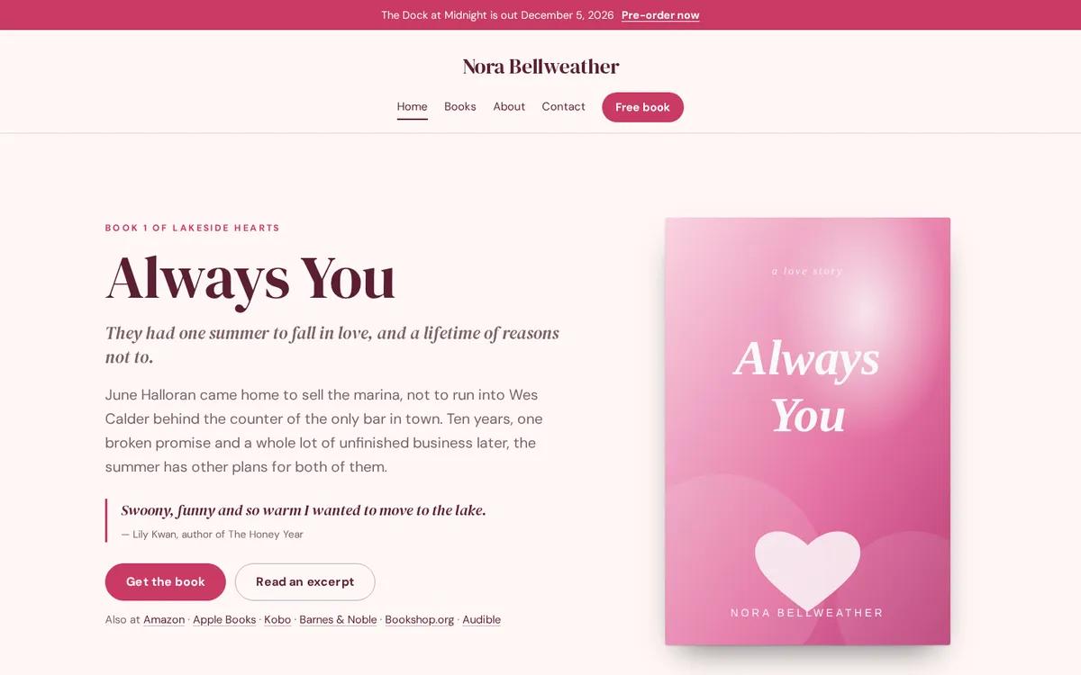 A light author website with a soft pink palette, a serif title and a pink romance cover