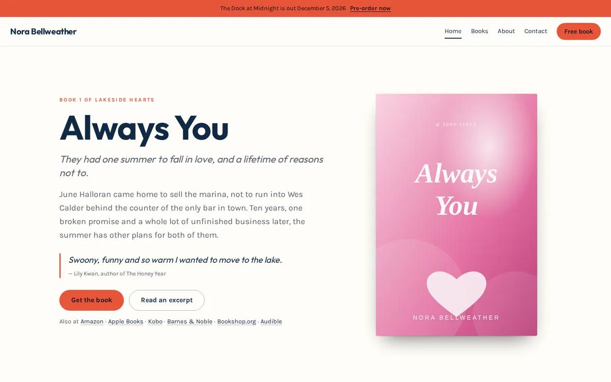 A bright white author website with a bold sans-serif title, orange-red buttons and a pink book cover