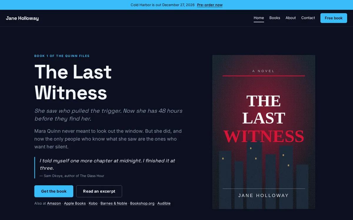 A deep navy author website with bright blue accents and a dark book cover