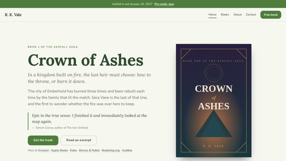 An author website in soft green for a fantasy series, with the first book’s cover and a pre-order banner across the top